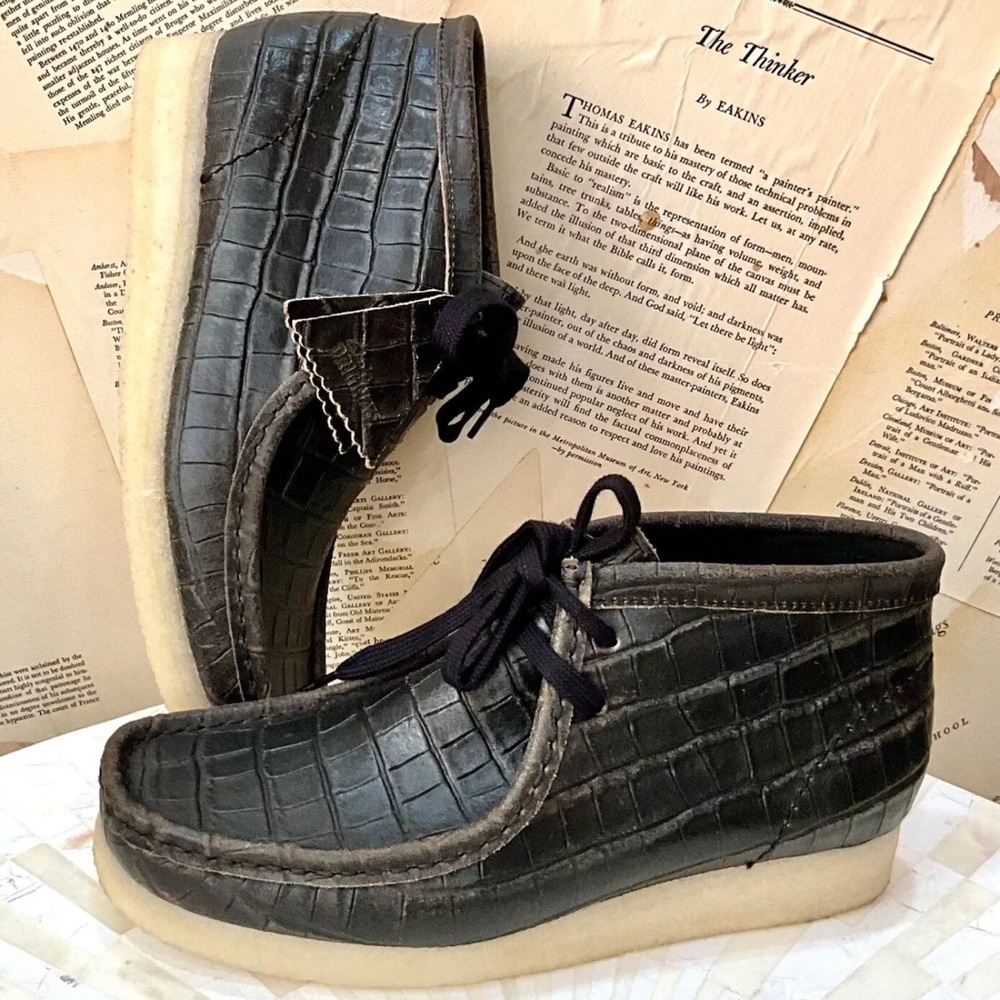 Clarks Black Croc-Embossed Leather Wallabee Booties